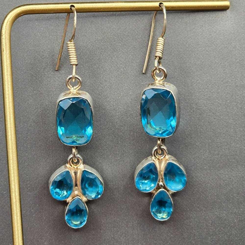 Sterling Silver Dangle Earrings 2.5" Blue Glass Gemstones 12.35g - Picture 6 of 14